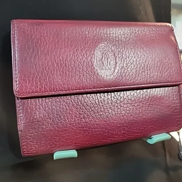 Cartier Tri-fold Wallet Mast Lines Bordeaux Leather Good Used Condition